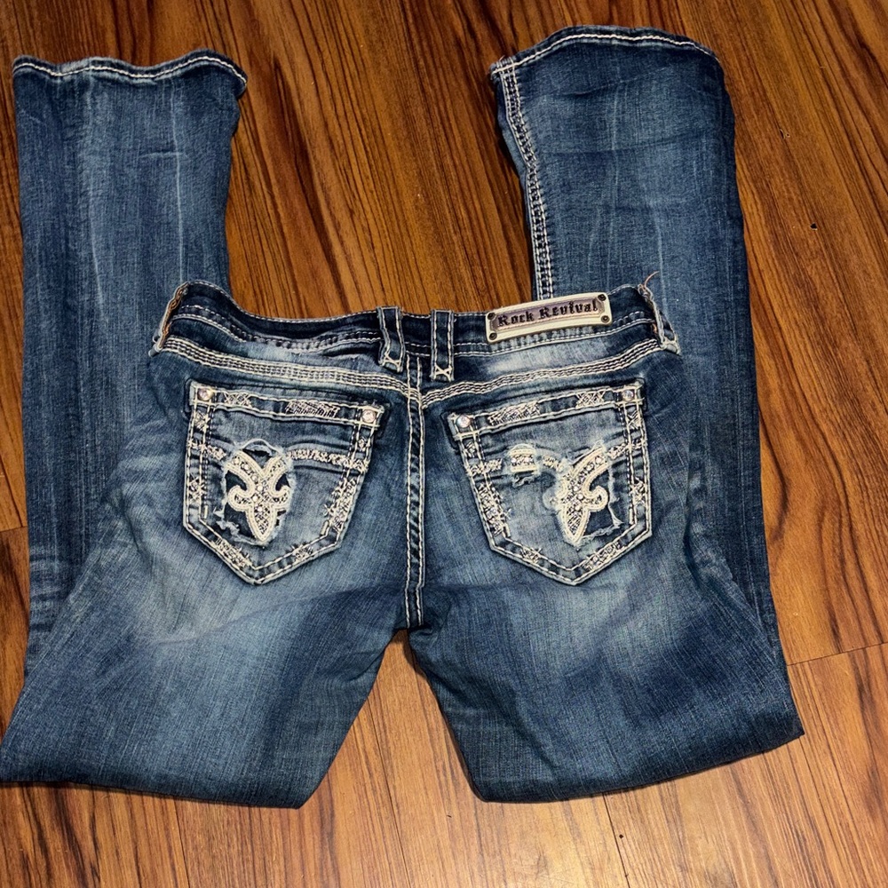 Rock Revival Dark Blue Bootcut Jeans with Embroidered Back Pockets
